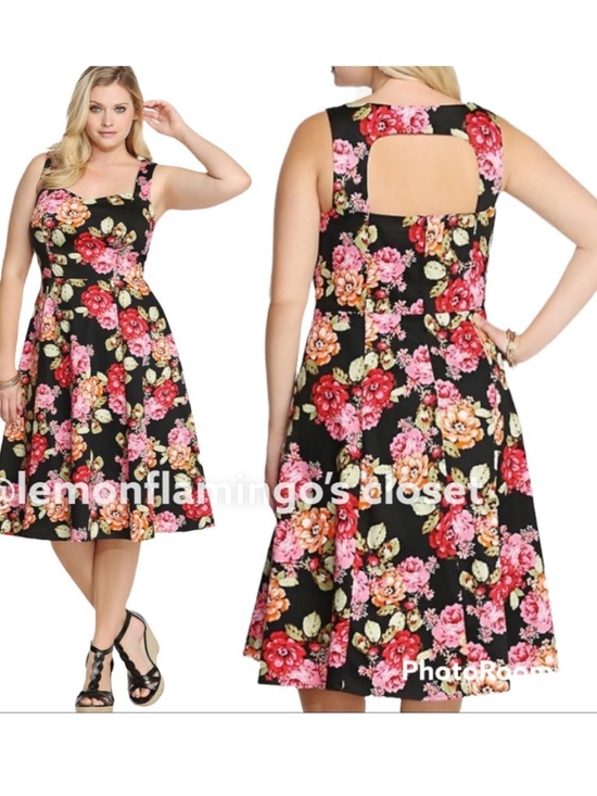 torrid Dresses & Skirts - torrid Black Floral Fit & Flare Dress with Cutout